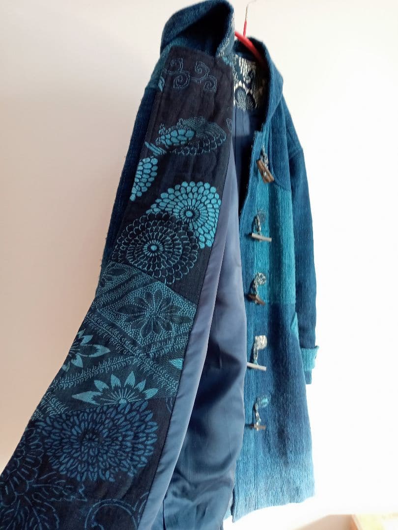 古布 リメイク 藍染 型染 パッチワーク ウール ダッフルコート 大きいサイズ