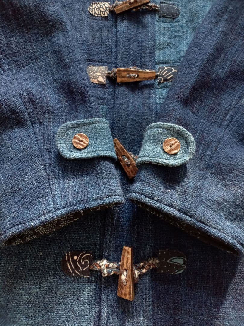 古布 リメイク 藍染 型染 パッチワーク ウール ダッフルコート 大きいサイズ