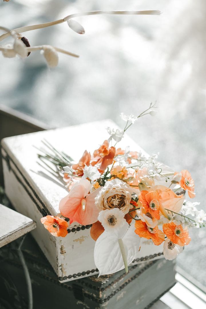 プリザーブドフラワー ブーケ オレンジ ピンク　ブートニア付き