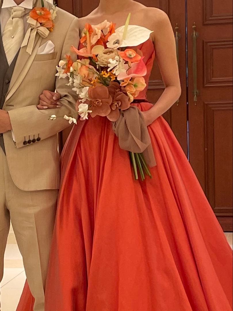 プリザーブドフラワー ブーケ オレンジ ピンク　ブートニア付き