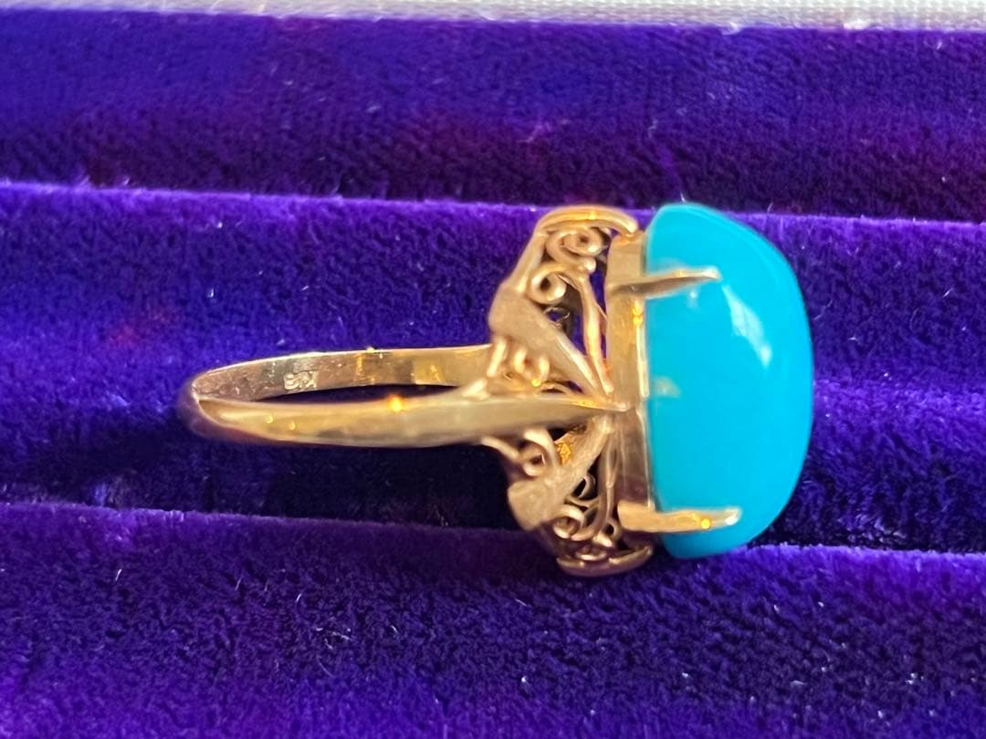 K18刻印 大粒ターコイズ ゴールドリング 指輪　ヴィンテージ