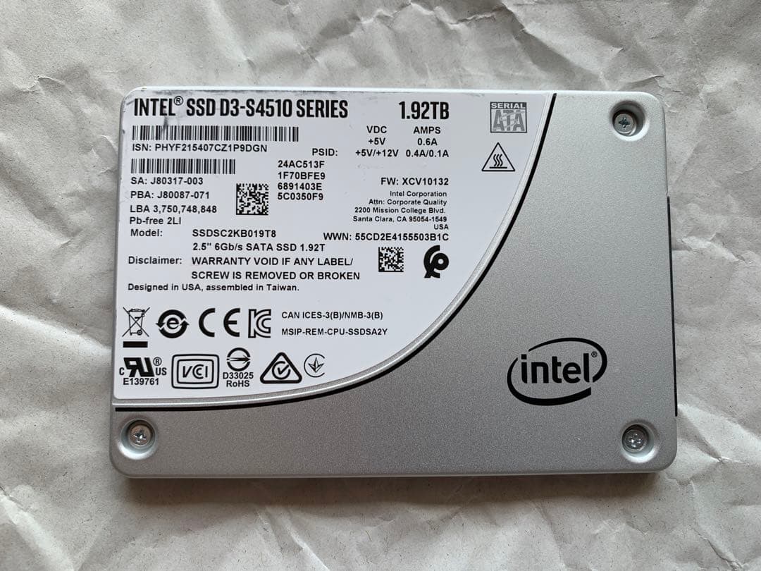 内蔵型SSD Intel D3-S4510 SSD 1.92TB