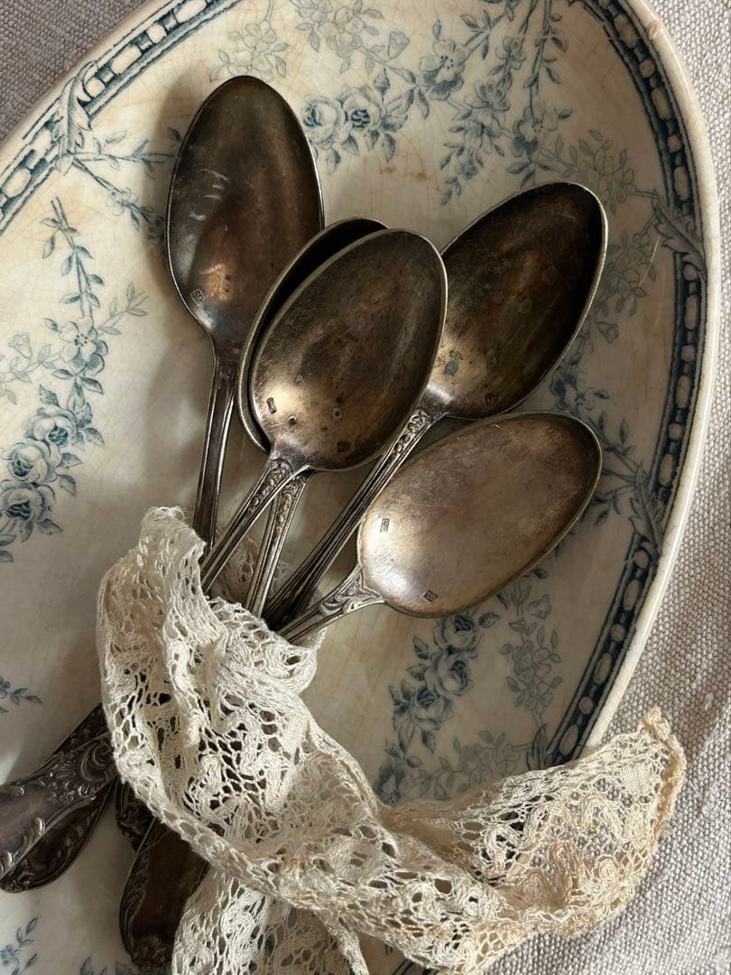 ◆最終SALE◆フランスアンティーク銀5本刻印ティースプーンデザート白銀シルバー