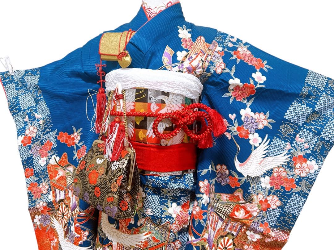 本格正絹着物♡七五三　7歳　女の子　フルセット　一式　藍色　鶴　古典柄