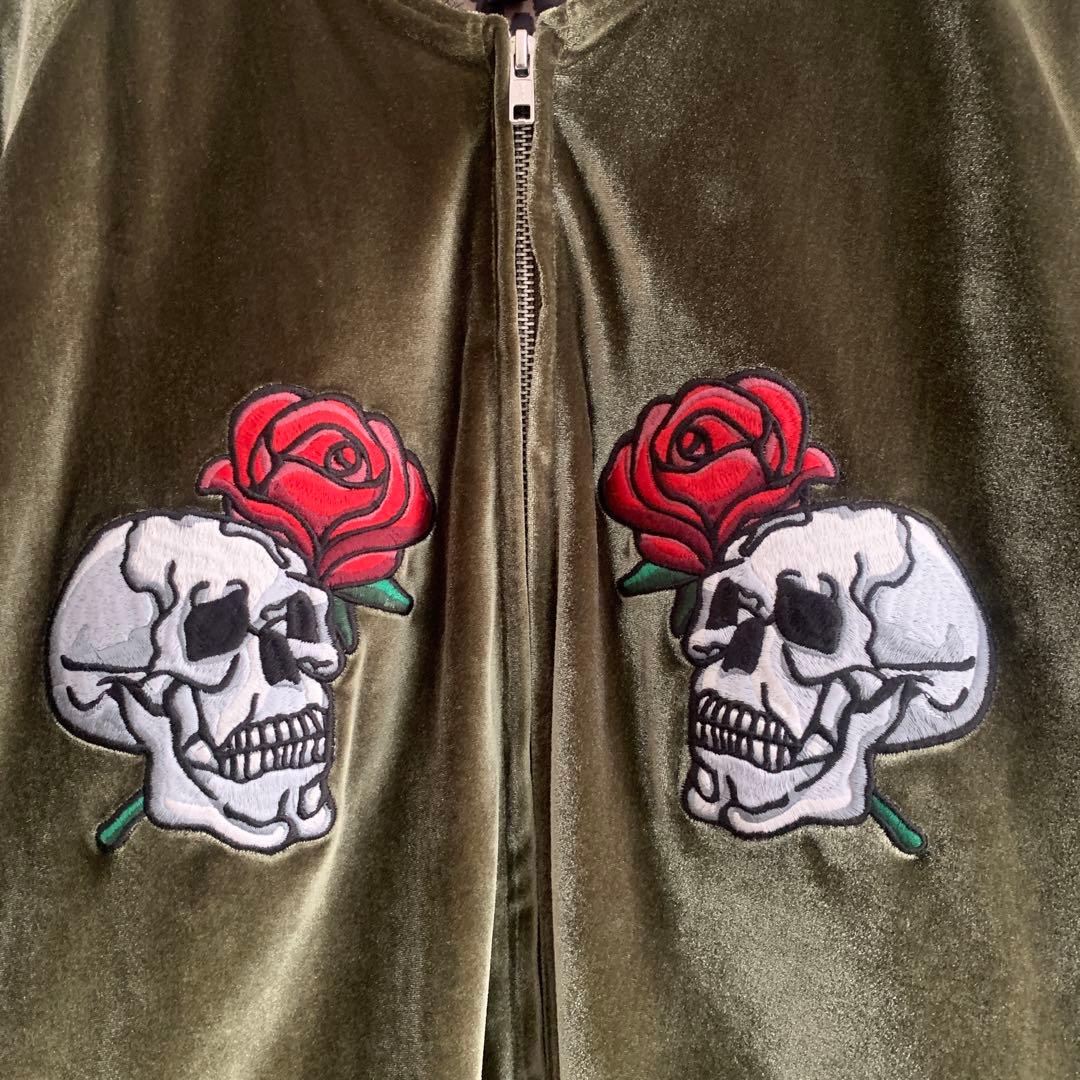 ベロアスカジャン グリーン スカル 薔薇 豹柄裏地 パイピング