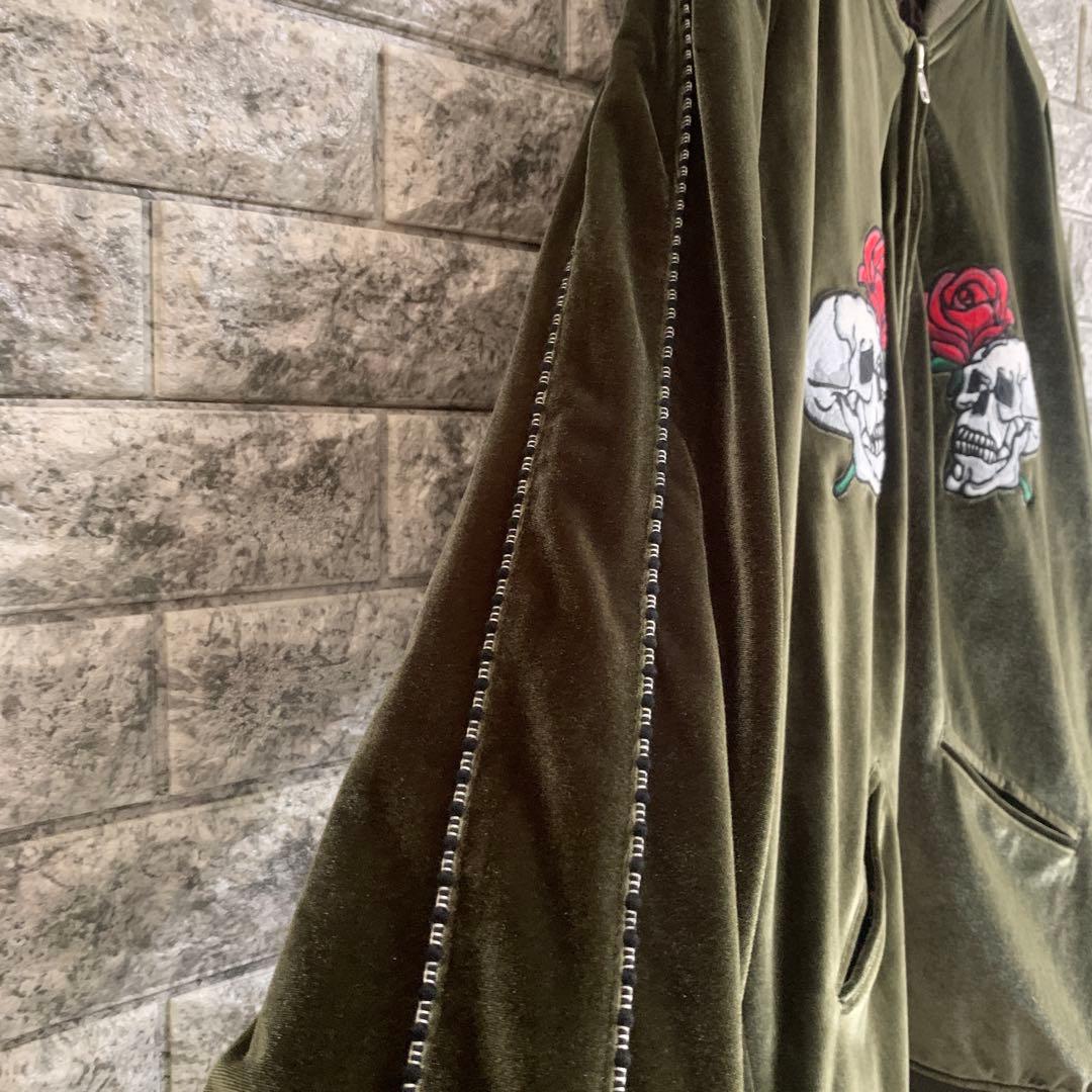 ベロアスカジャン グリーン スカル 薔薇 豹柄裏地 パイピング