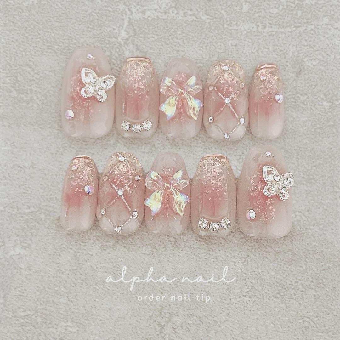 つぅ グリーンマグネットリボンネイルチップ