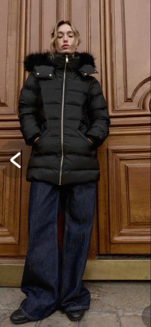 ZARA ダウン コート ファーフード クリーニング済 L 黒 ブラック ロング