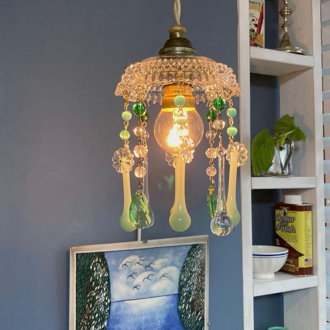 ミニシャンデリア　（メロンドロップ）1920年　フランスアンティーク　シェード