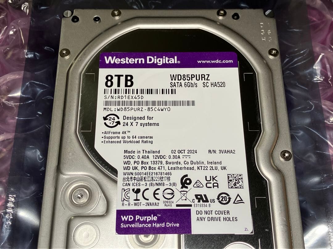 ウェスタンデジタル 8TB パープル 5640RPM WD 2025年製