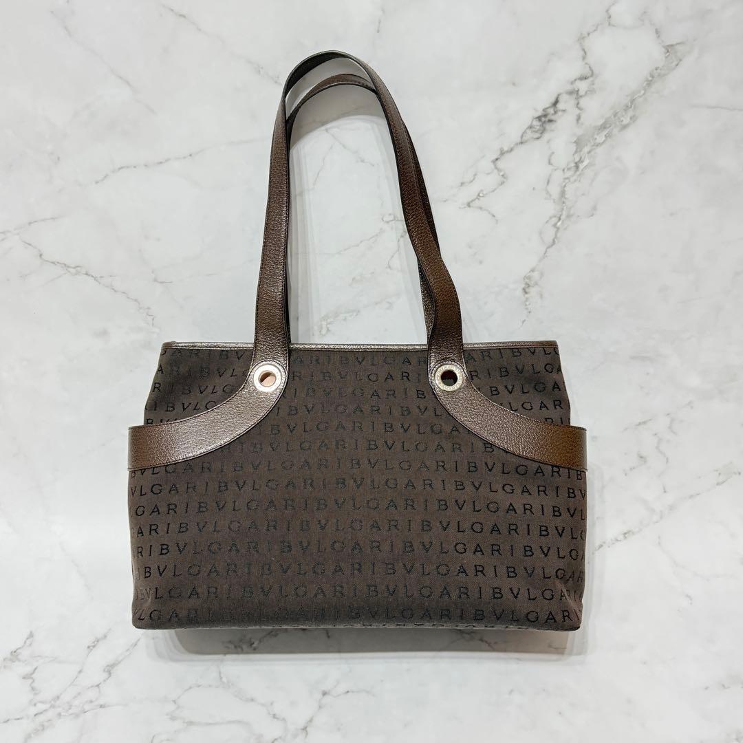 【美品】 BVLGARI ロゴマニア レザーハンドル トート ショルダーバッグ
