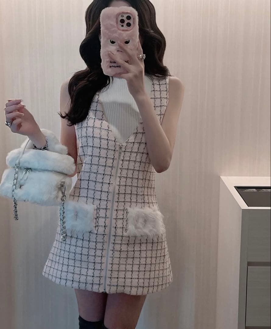 ダーリッチ フロントファスナーツイードミニワンピース ピンク