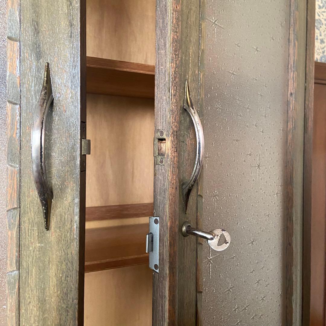 アンティーク家具　本棚　模様ガラス銀河　当時物　鍵付き