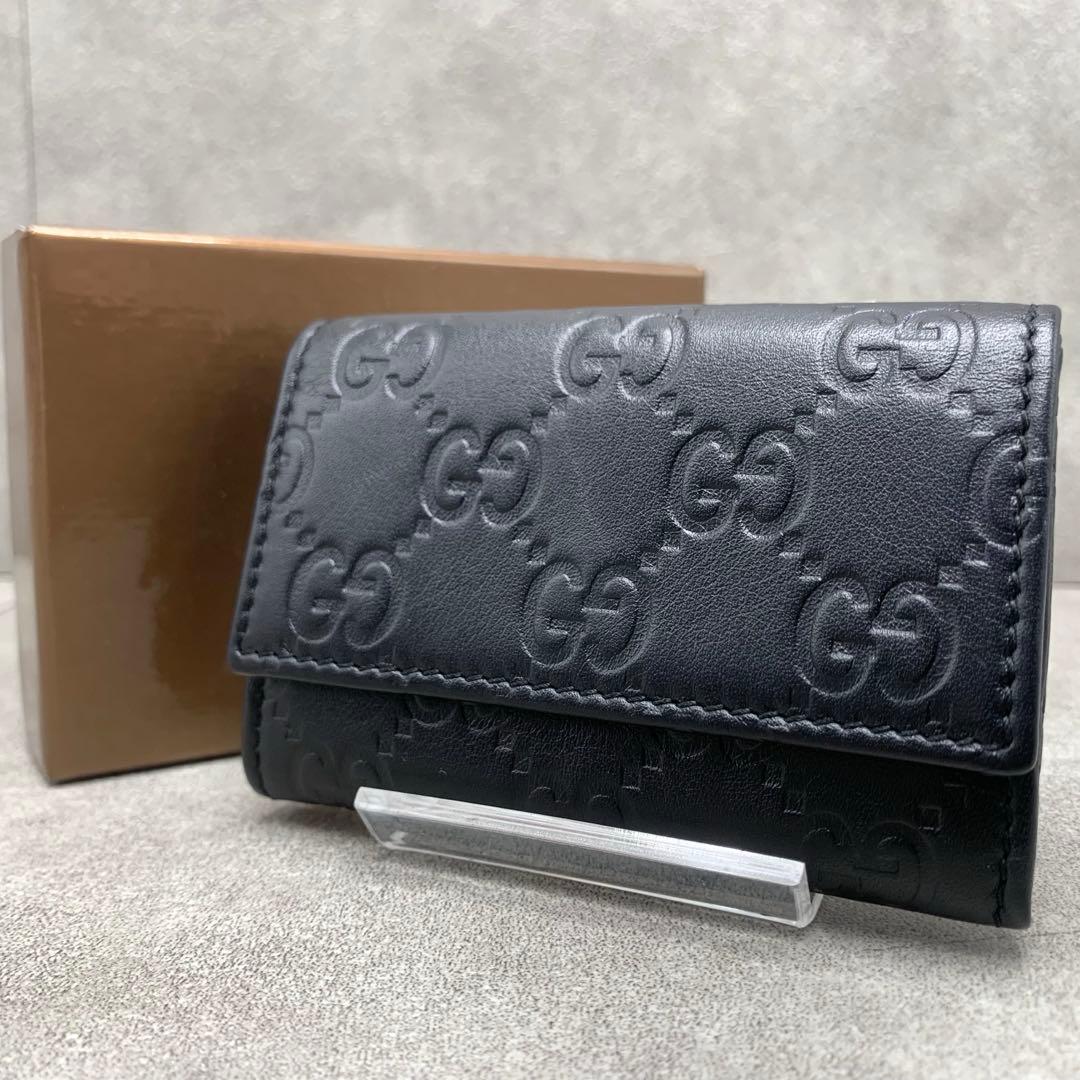【美品】GUCCI シマ ケース 小銭入れ ブラック レザー メンズ