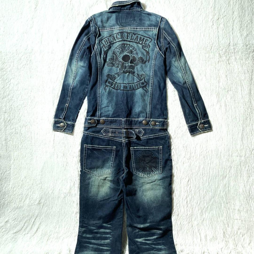 BLACK FLAME★背スカル&ロゴ刺繍 ヴィンテージ デニムツナギ 15.5