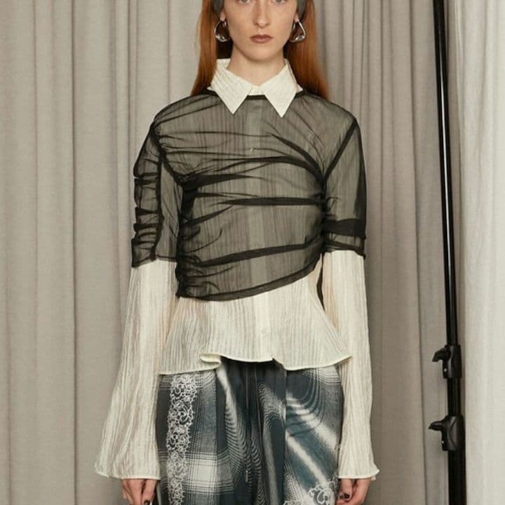 PRANK PROJECT チュールレイヤードフリルヘムジャガードシャツ