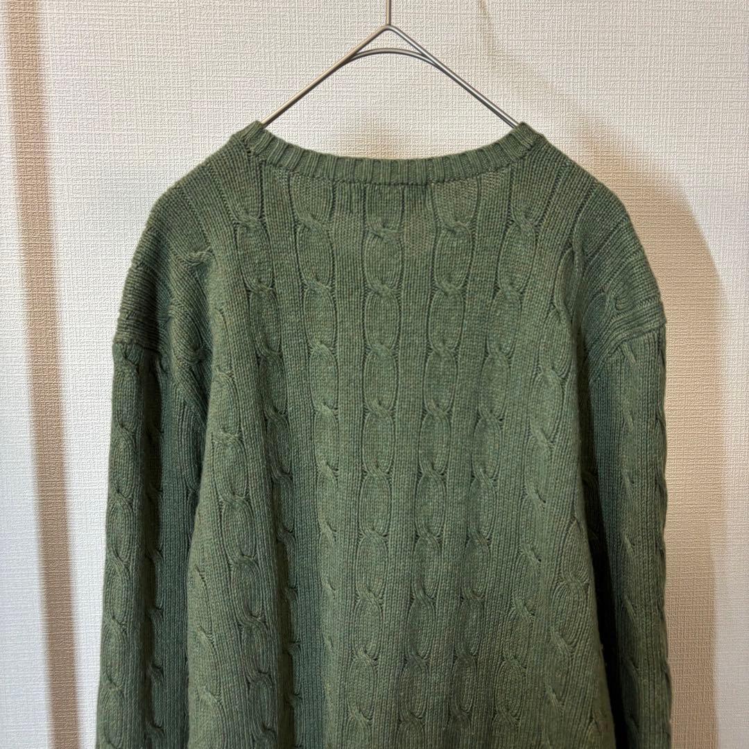 ポロラルフローレン シルク100% ケーブルニットセーター ロゴ刺繍 カーキ M