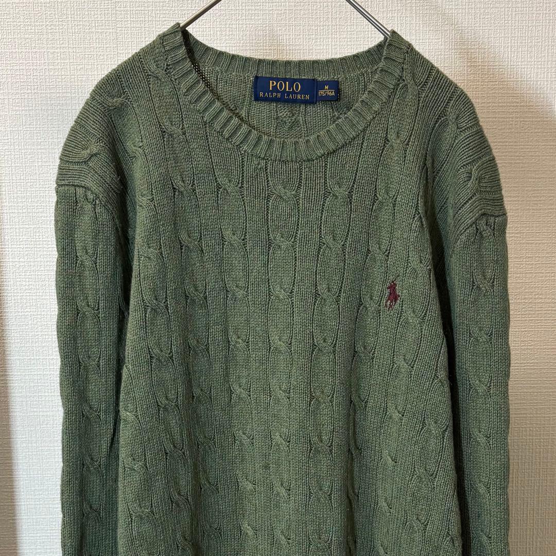 ポロラルフローレン シルク100% ケーブルニットセーター ロゴ刺繍 カーキ M