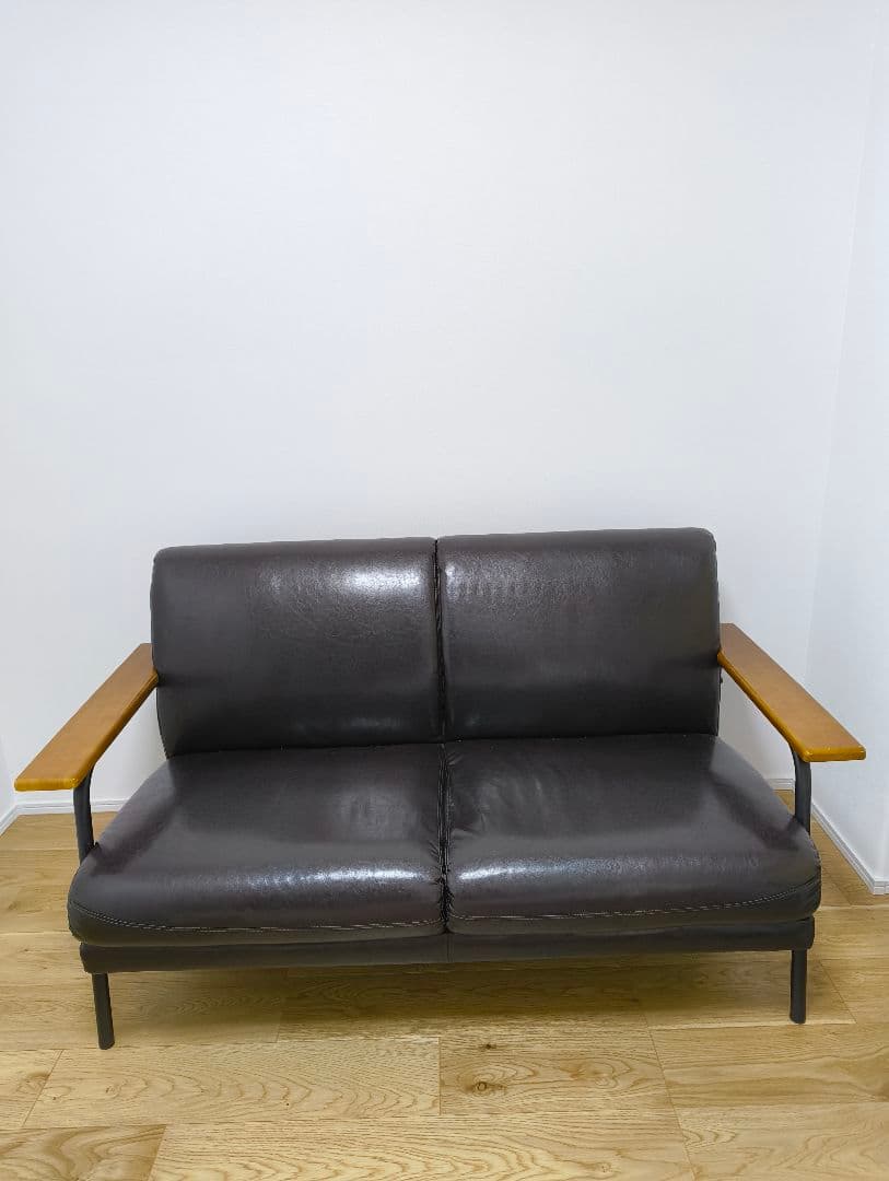 【引取限定】ダークブラウン 2人掛けソファ 木製アームレスト