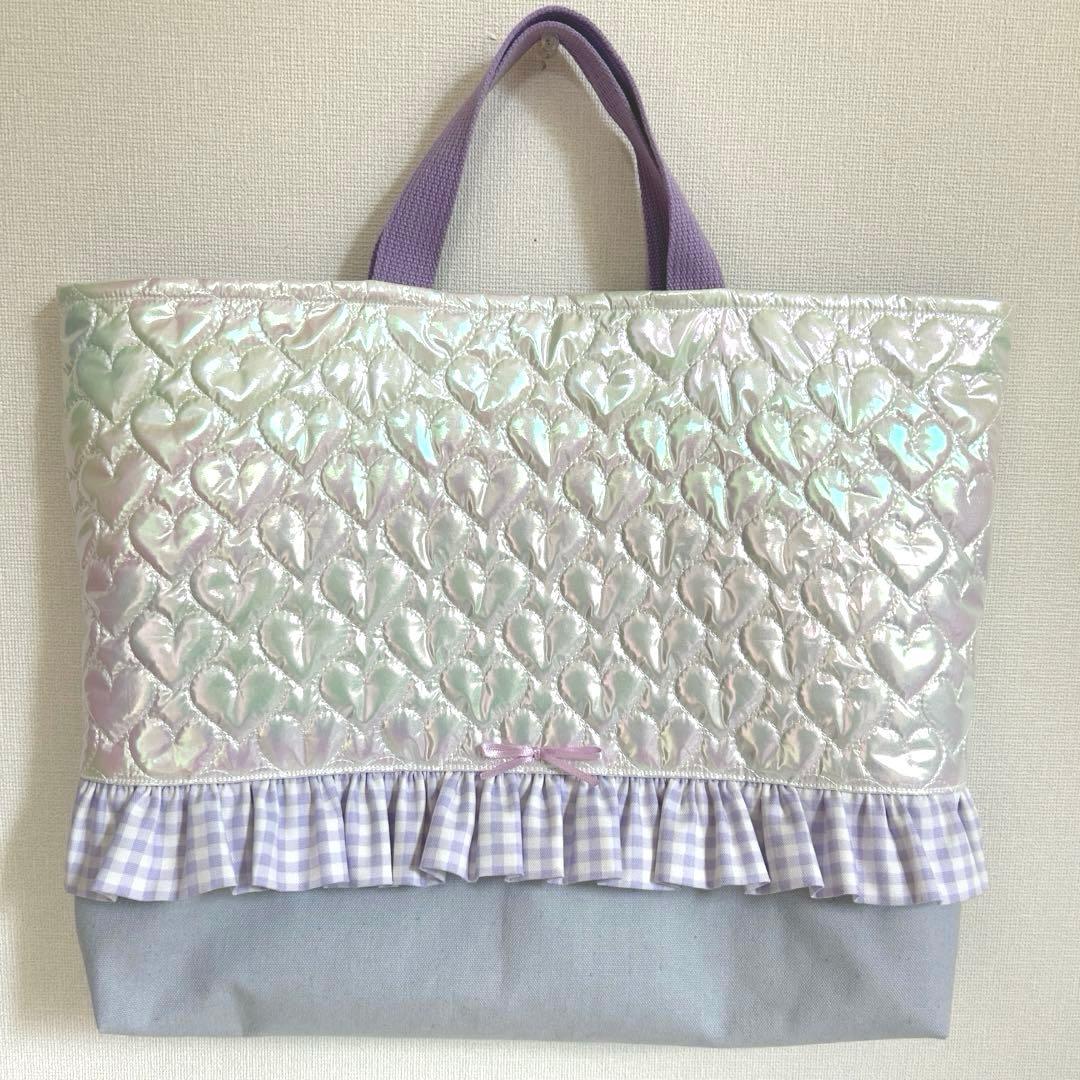 入園入学3点セット　【ホログラムハート×紫チェック】 女の子　ナップサック