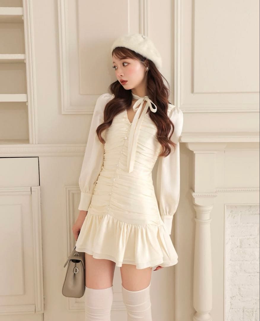 M me eme ギャザーリボンブラウスワンピース