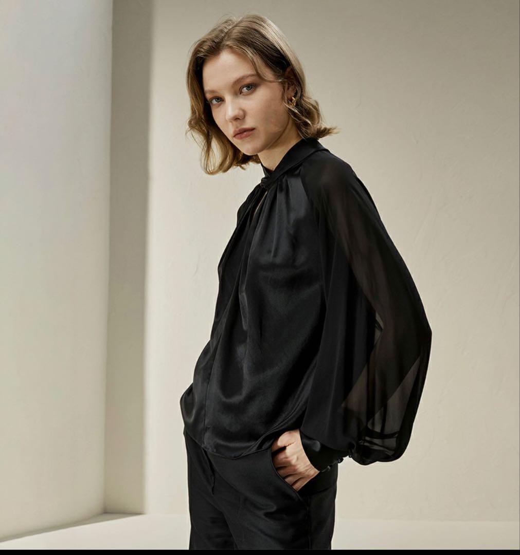 LILYSILK シルク ブラウス M 黒 ボリュームスリーブ 長袖
