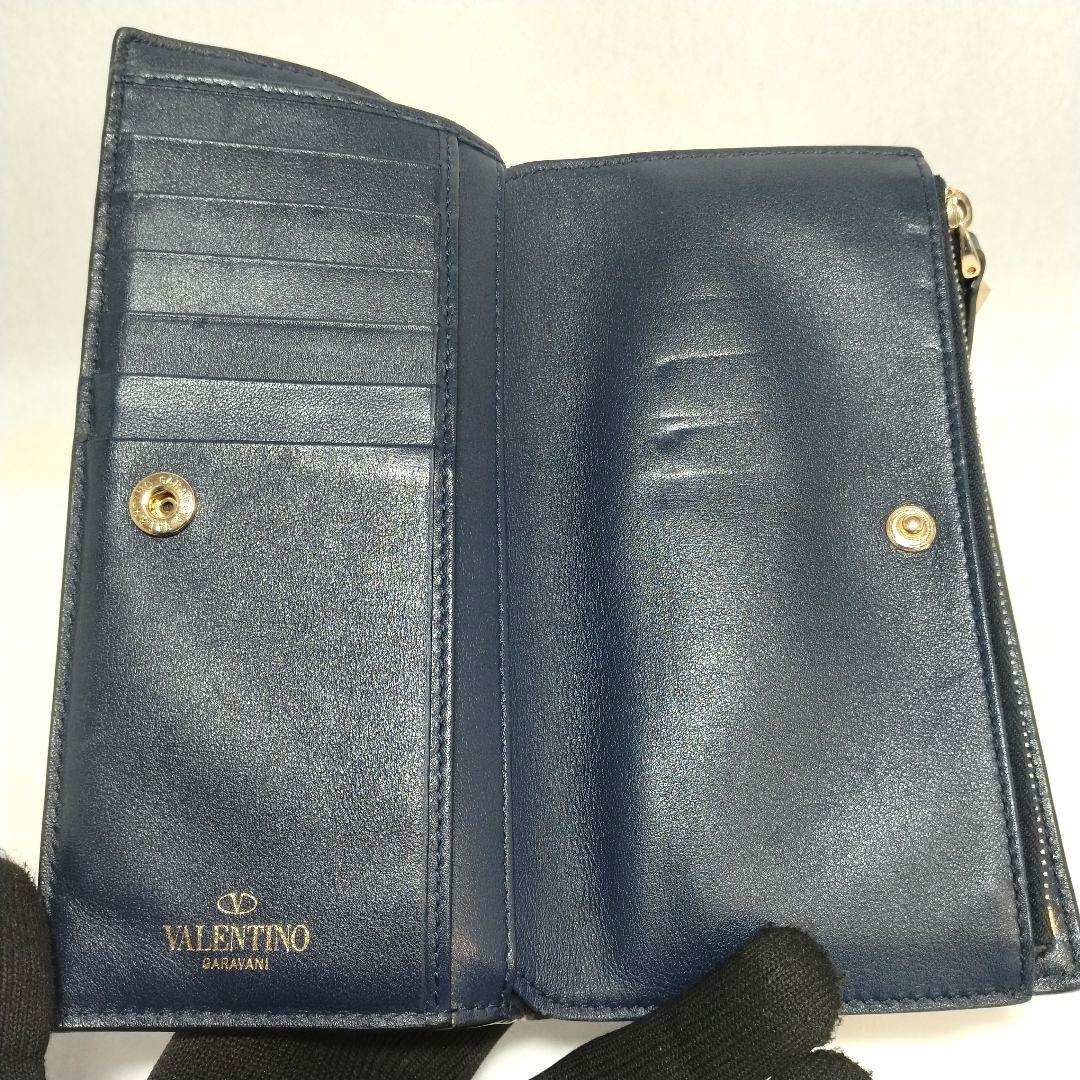 美品 VALENTINO GARAVANI 長財布 スタッズ レザー ネイビー