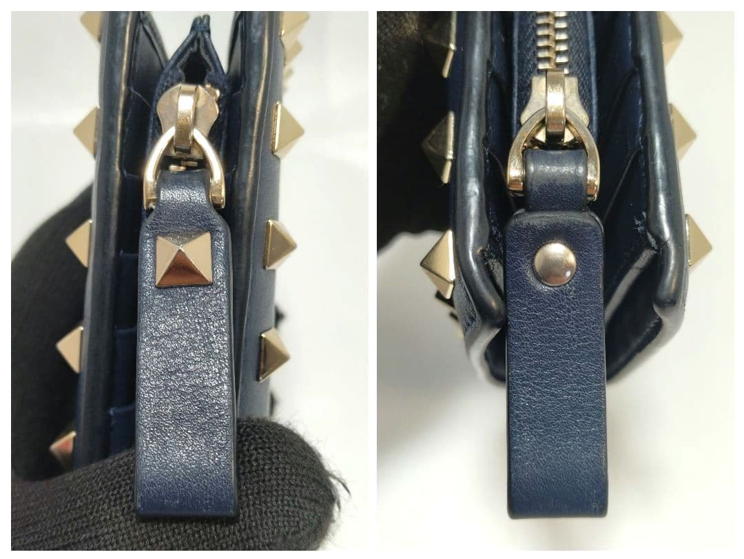 美品 VALENTINO GARAVANI 長財布 スタッズ レザー ネイビー