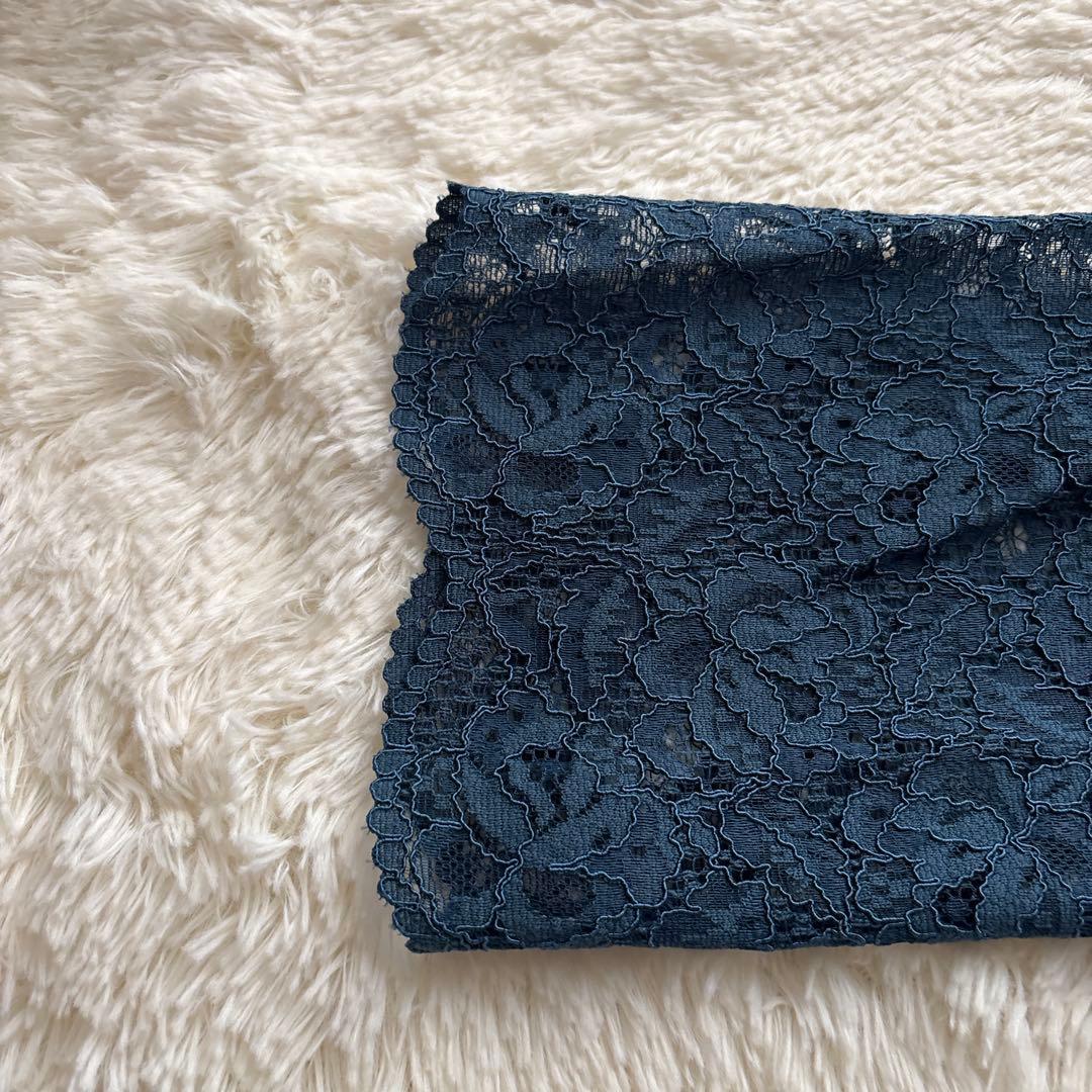 【美品】23区 袖レース 長袖ワンピース　ブルー 光沢 46 大きいサイズ