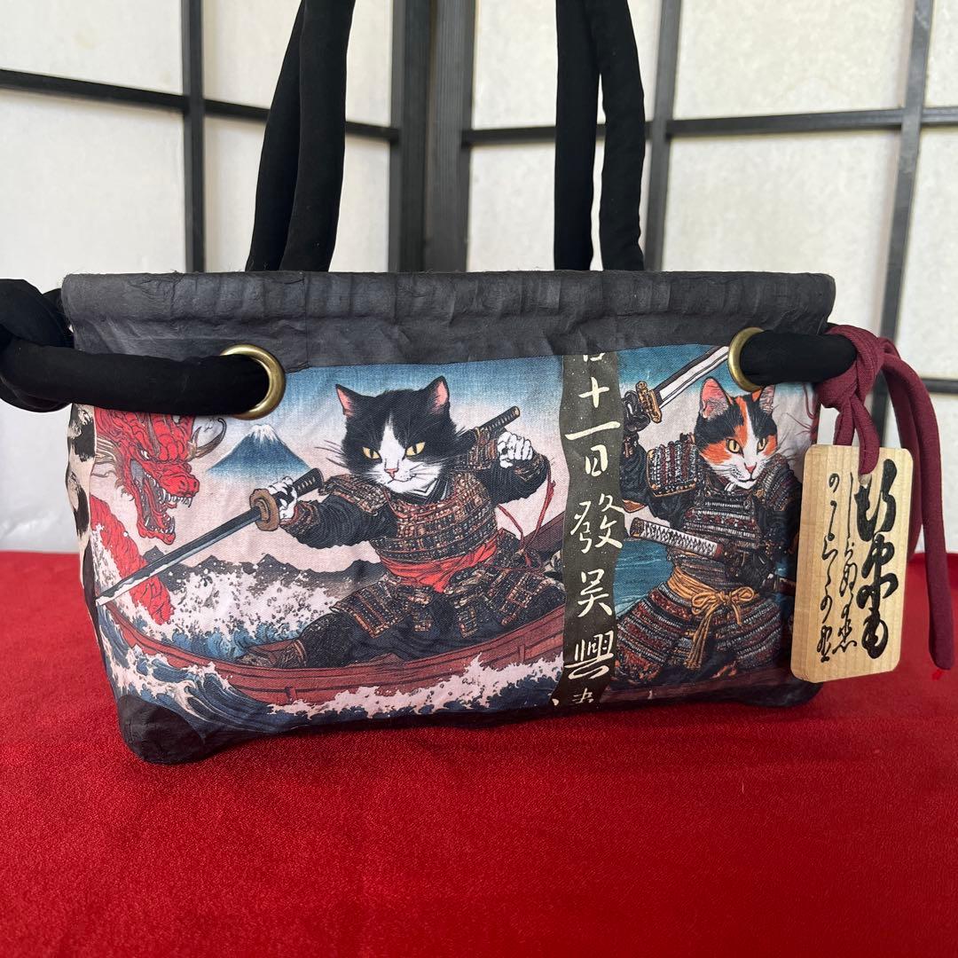 侍猫 一閑張り バッグ かごバッグ ハンドバッグ 和柄 猫 龍 小さめ