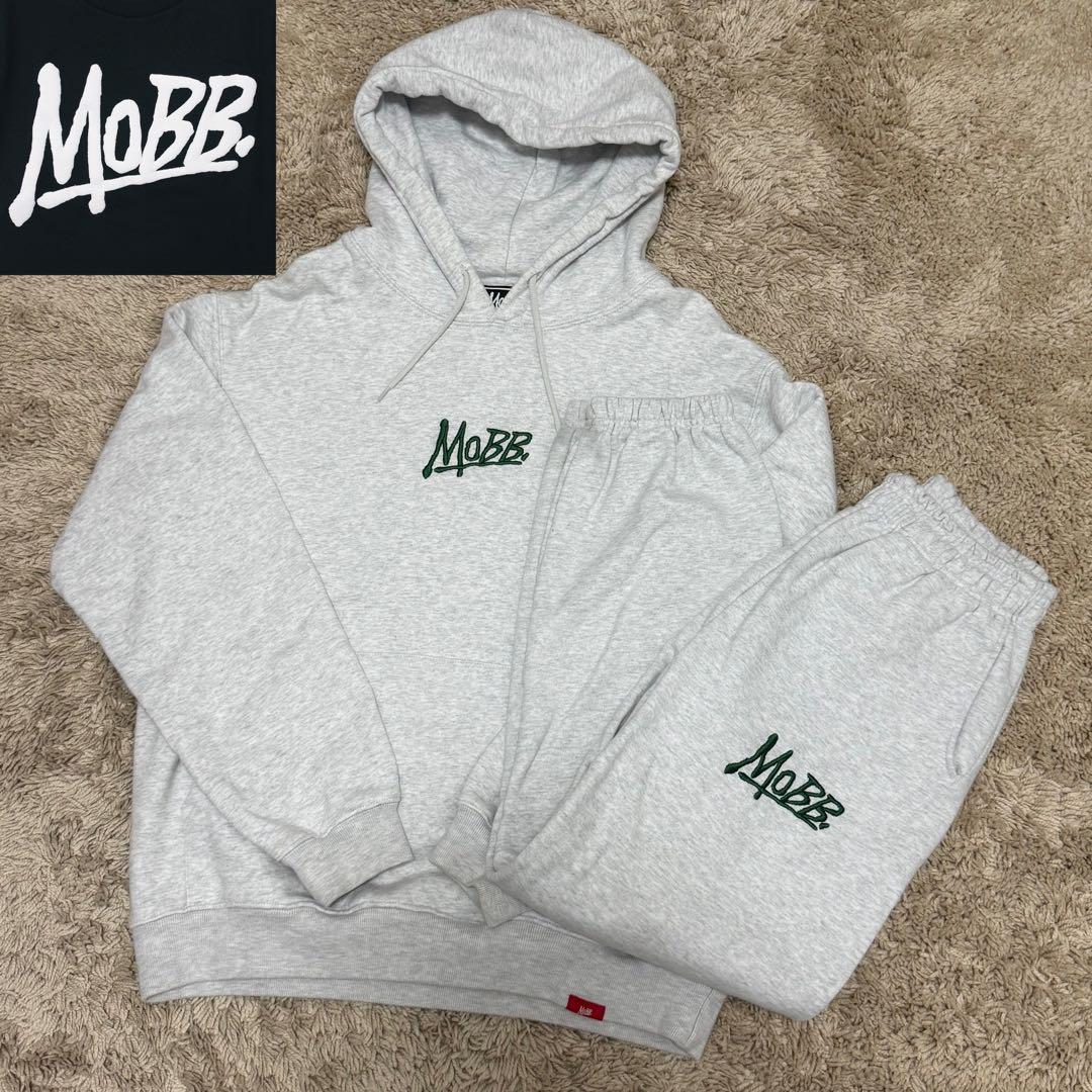 《美品》MOBB セットアップ スウェット パーカー ライトグレー ロゴ 裏起毛