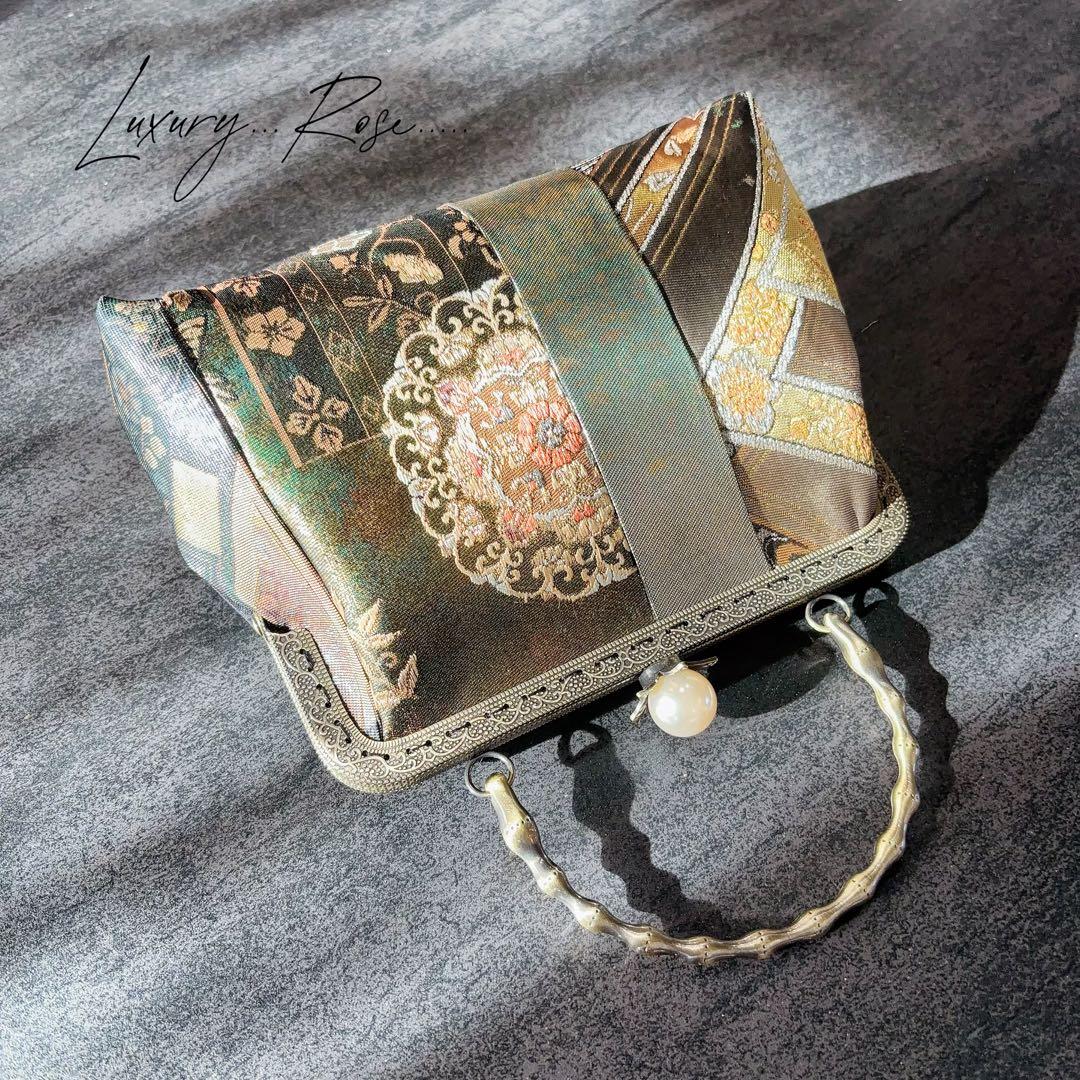 1点限定！！螺鈿細工を用いた5種上品高級帯地でパッチワーク上品帯地バッグ