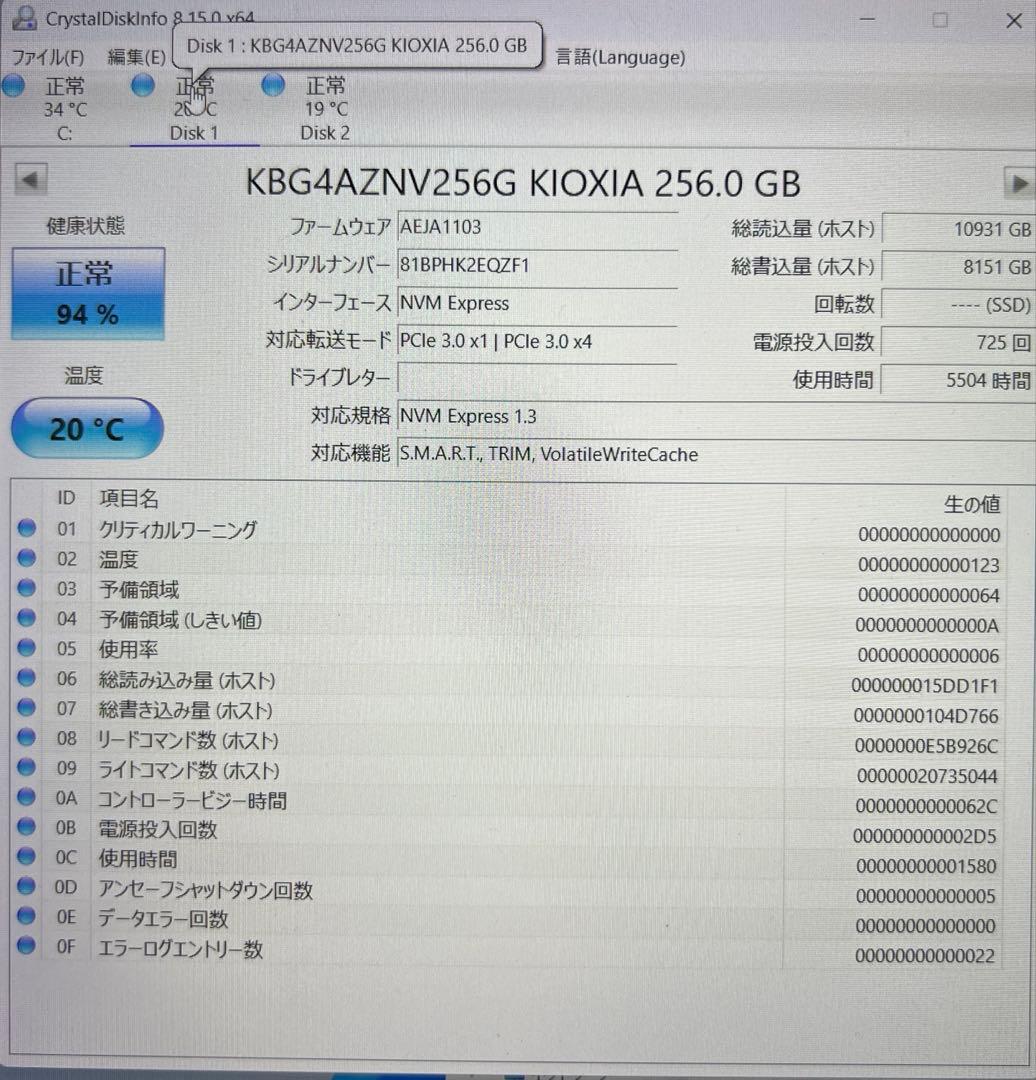 中古 M.2 NVMe SSD 256GB 10枚セット