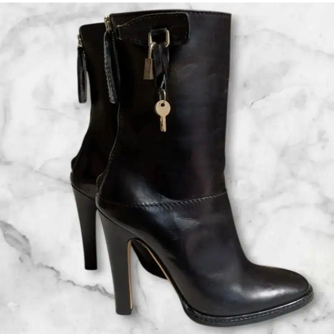 良品 Dolce & Gabbana 黒革 ショートブーツ 23cm 南京錠雪冬