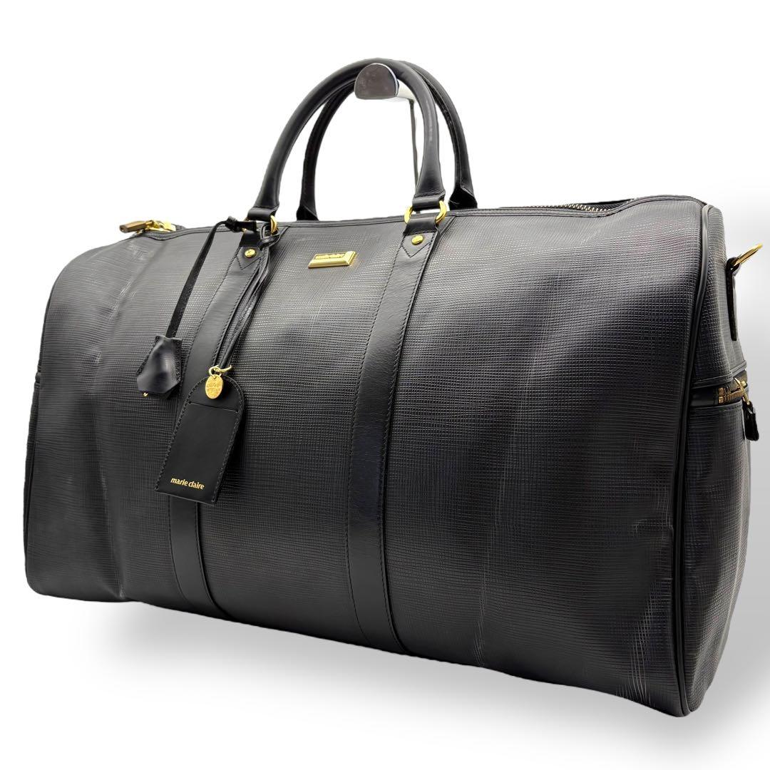 マリクレール ボストンバッグ 腕掛け レザー ブラック 金具ロゴ 鍵付き 大容量