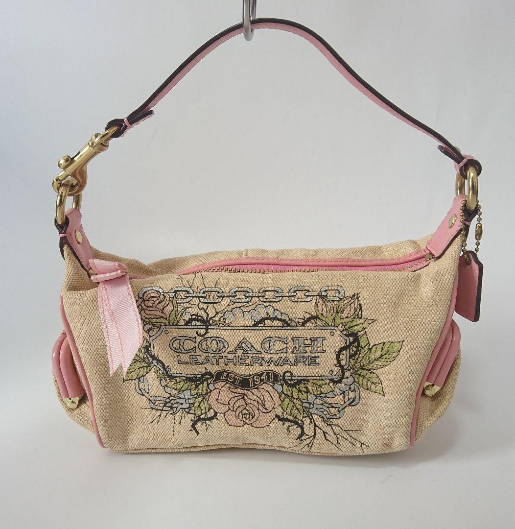 coach✨アクセサリーポーチ キャンバスタトゥー 花柄 ワンハンドル