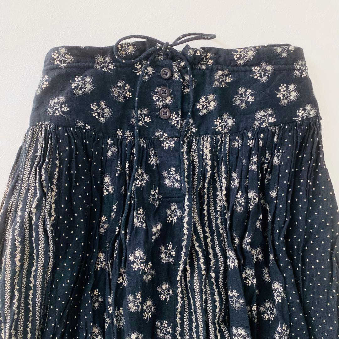 3198A美品　45R 総柄インディゴコットンスカート ネイビー紺色