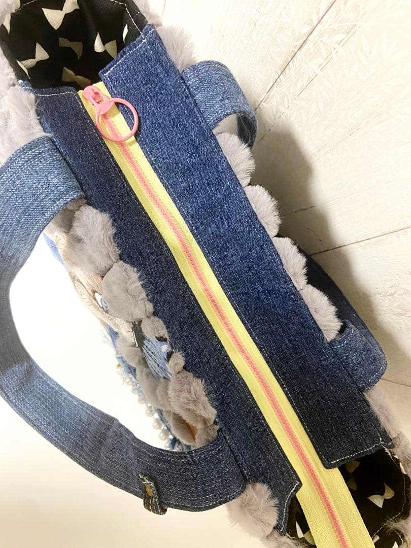 デニムリメイクバック　グレーふわもこ×うさぎ