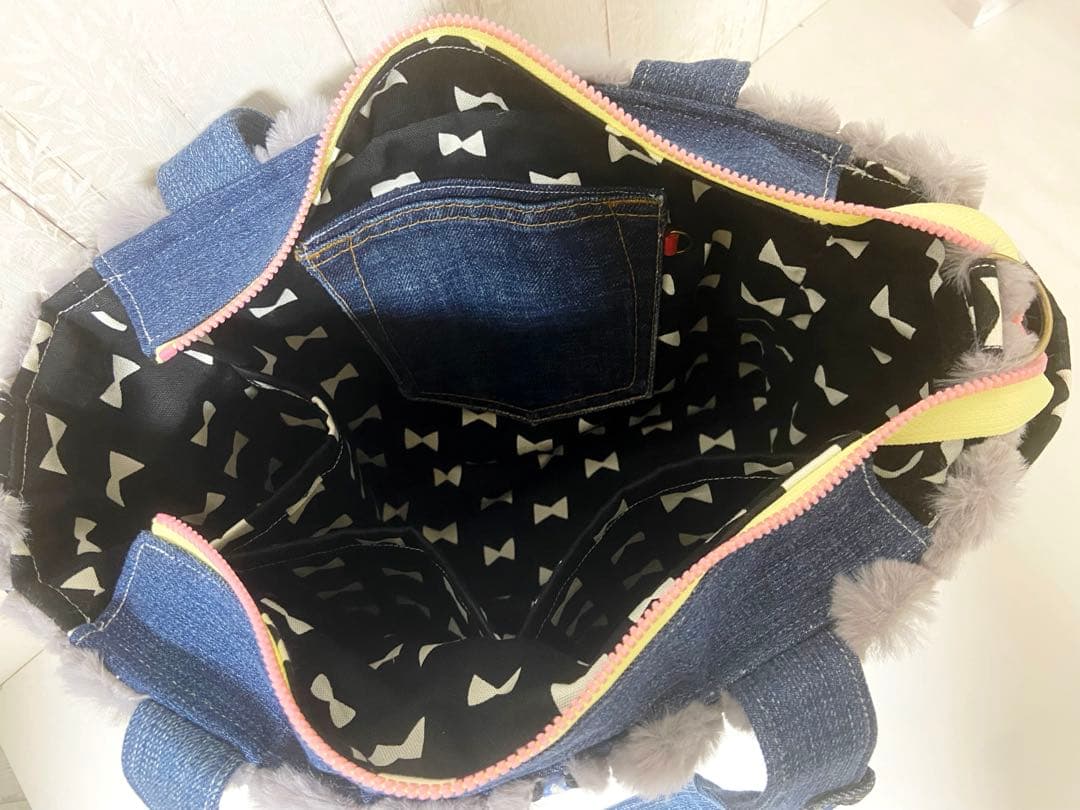 デニムリメイクバック　グレーふわもこ×うさぎ