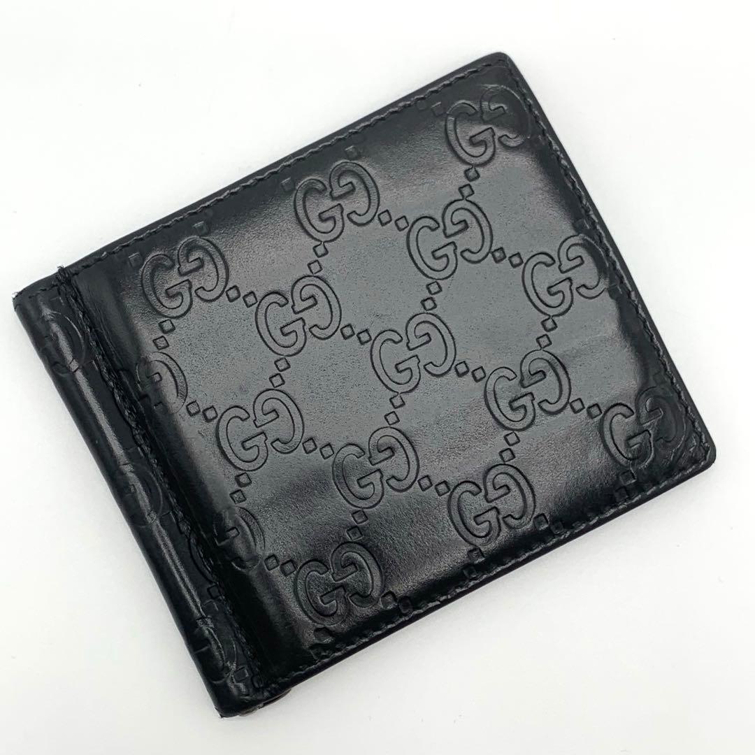 GUCCI シマ GG柄 マネークリップ 二つ折り 財布 レザー 黒　メンズ
