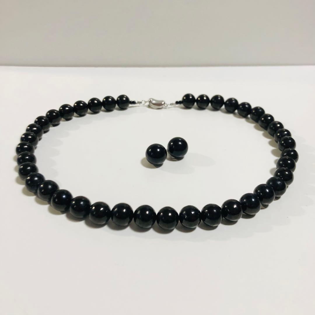 SV天然ジェットネックレス10mmup 43cm SVピアス12mmupセット