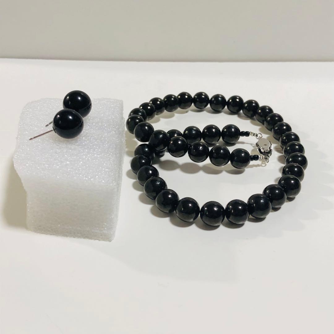 SV天然ジェットネックレス10mmup 43cm SVピアス12mmupセット