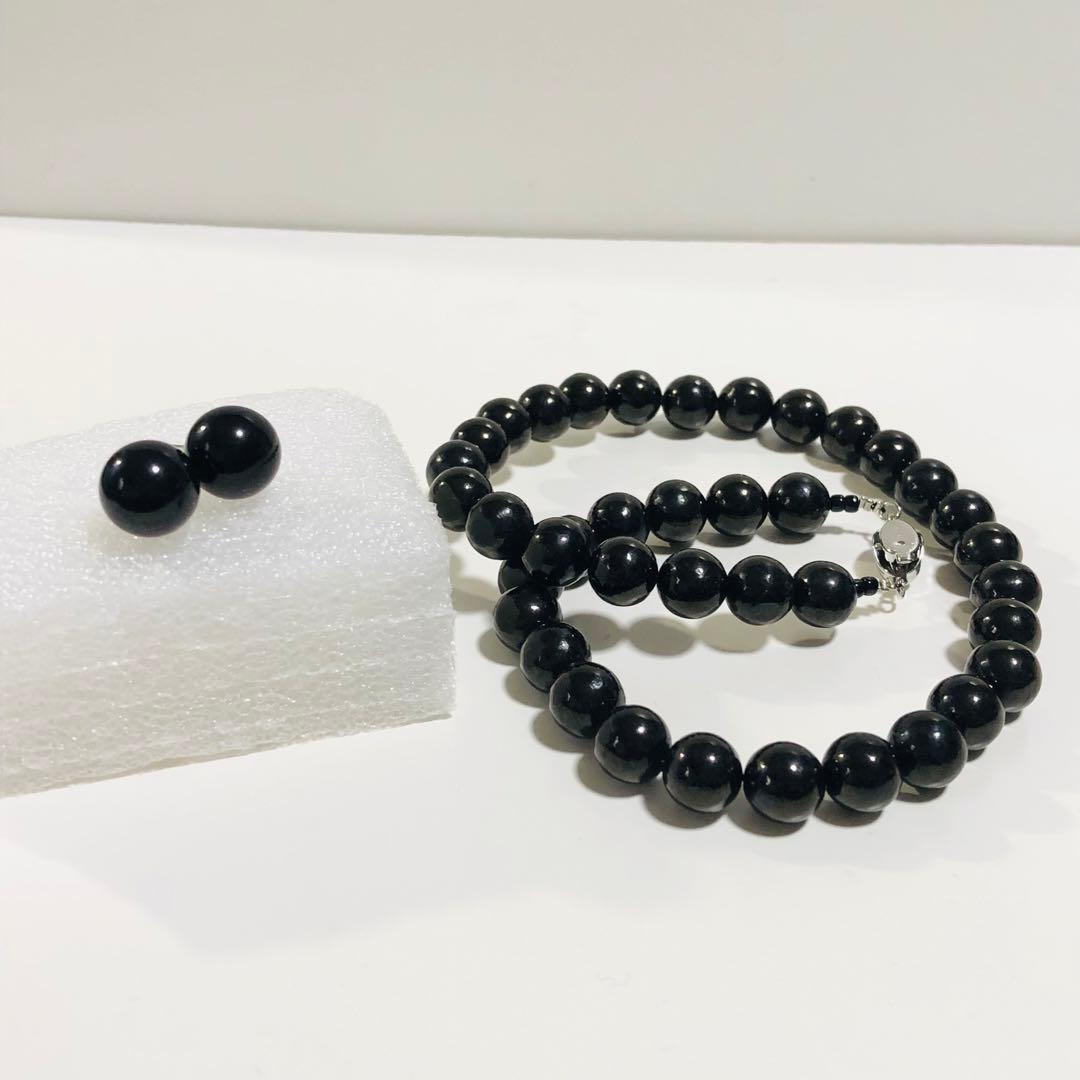 SV天然ジェットネックレス10mmup 43cm SVピアス12mmupセット