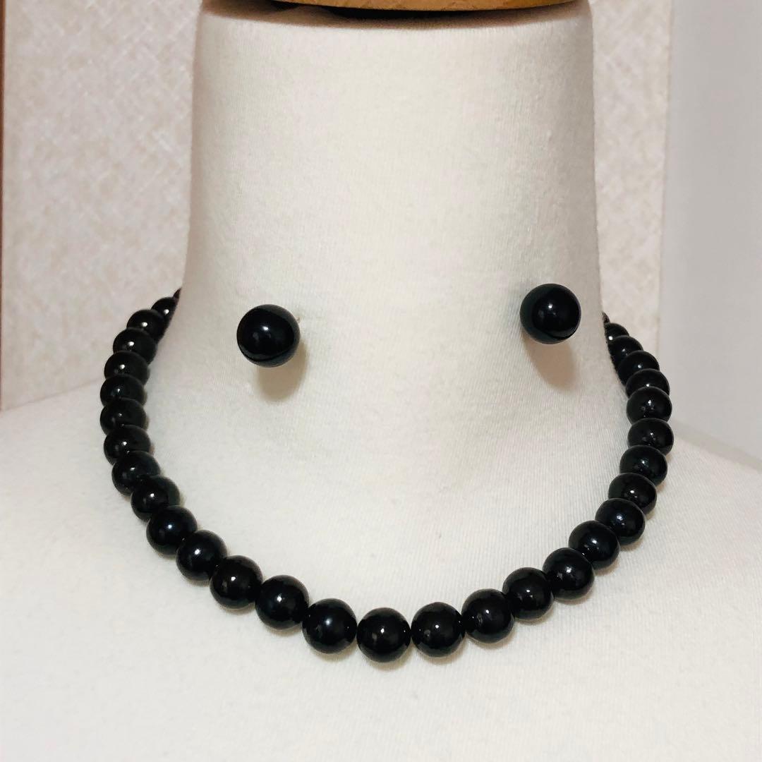 SV天然ジェットネックレス10mmup 43cm SVピアス12mmupセット