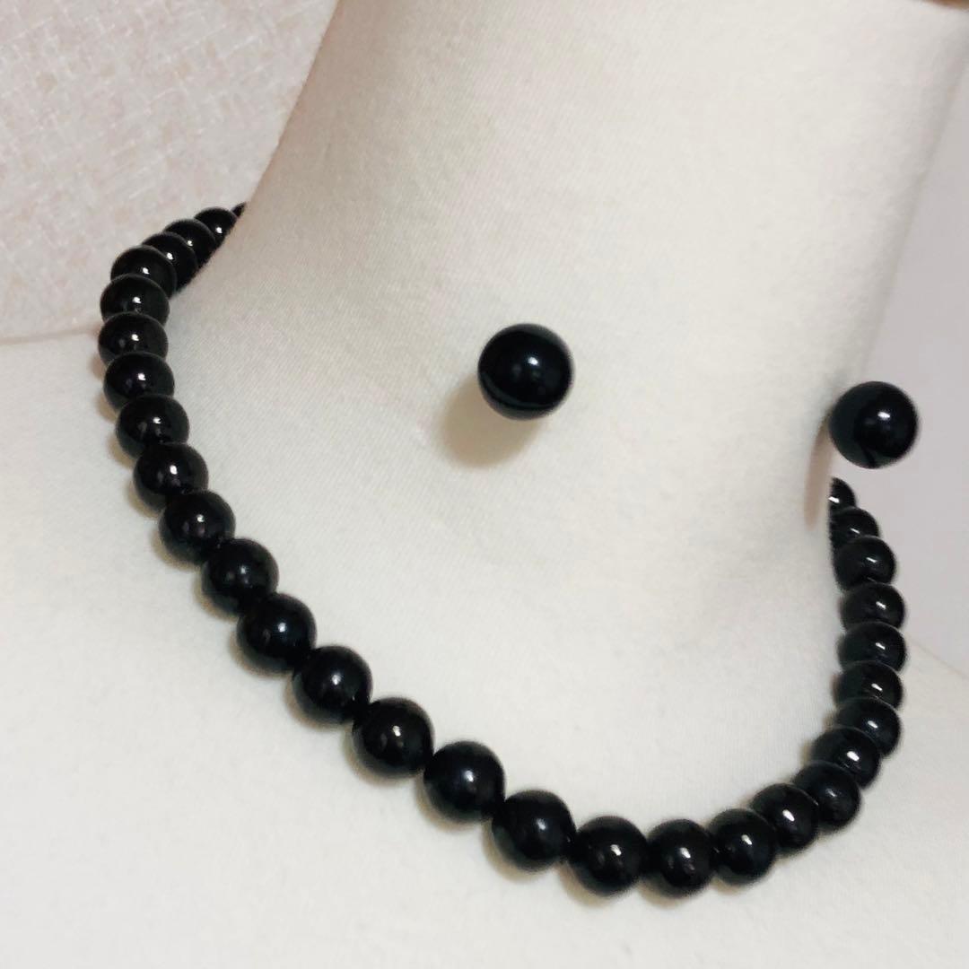 SV天然ジェットネックレス10mmup 43cm SVピアス12mmupセット