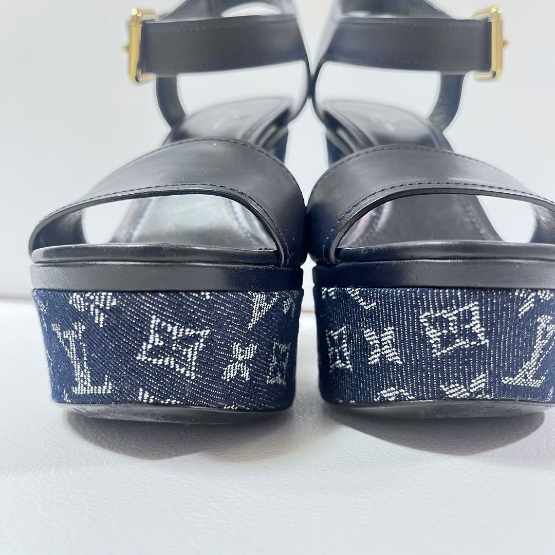 美品 ルイヴィトン　サンダル　ウエッジソール　モノグラム　デニム　ネイビー