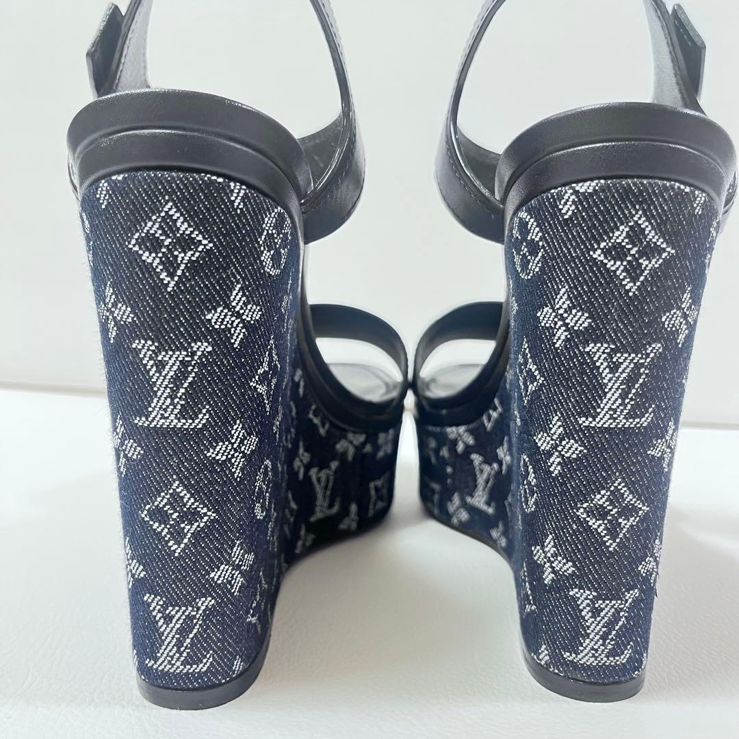 美品 ルイヴィトン　サンダル　ウエッジソール　モノグラム　デニム　ネイビー