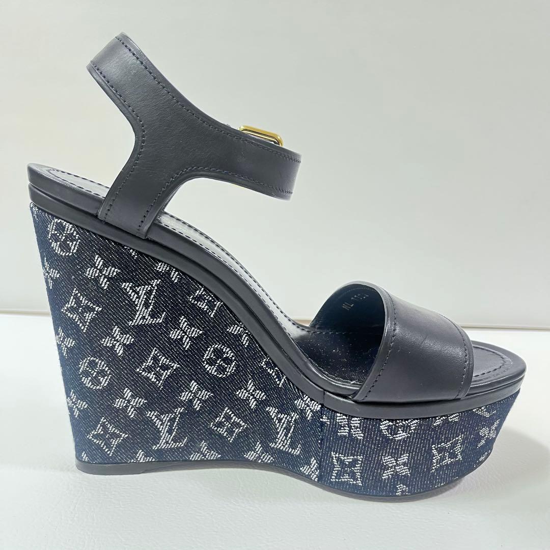 美品 ルイヴィトン　サンダル　ウエッジソール　モノグラム　デニム　ネイビー