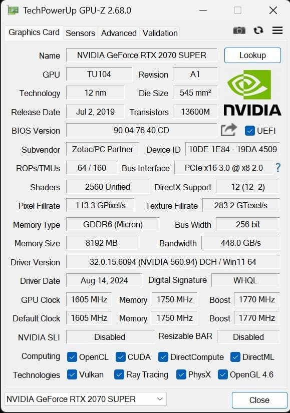 使用極少 Geforce RTX 2070 SUPER MINI 8GB