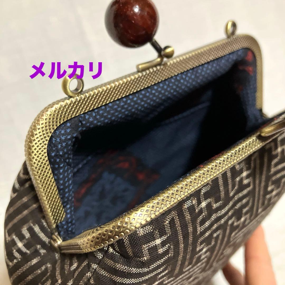 泥大島紬龍郷　秋名バラ８玉　がま口スマホショルダーバッグ　ハンドメイド